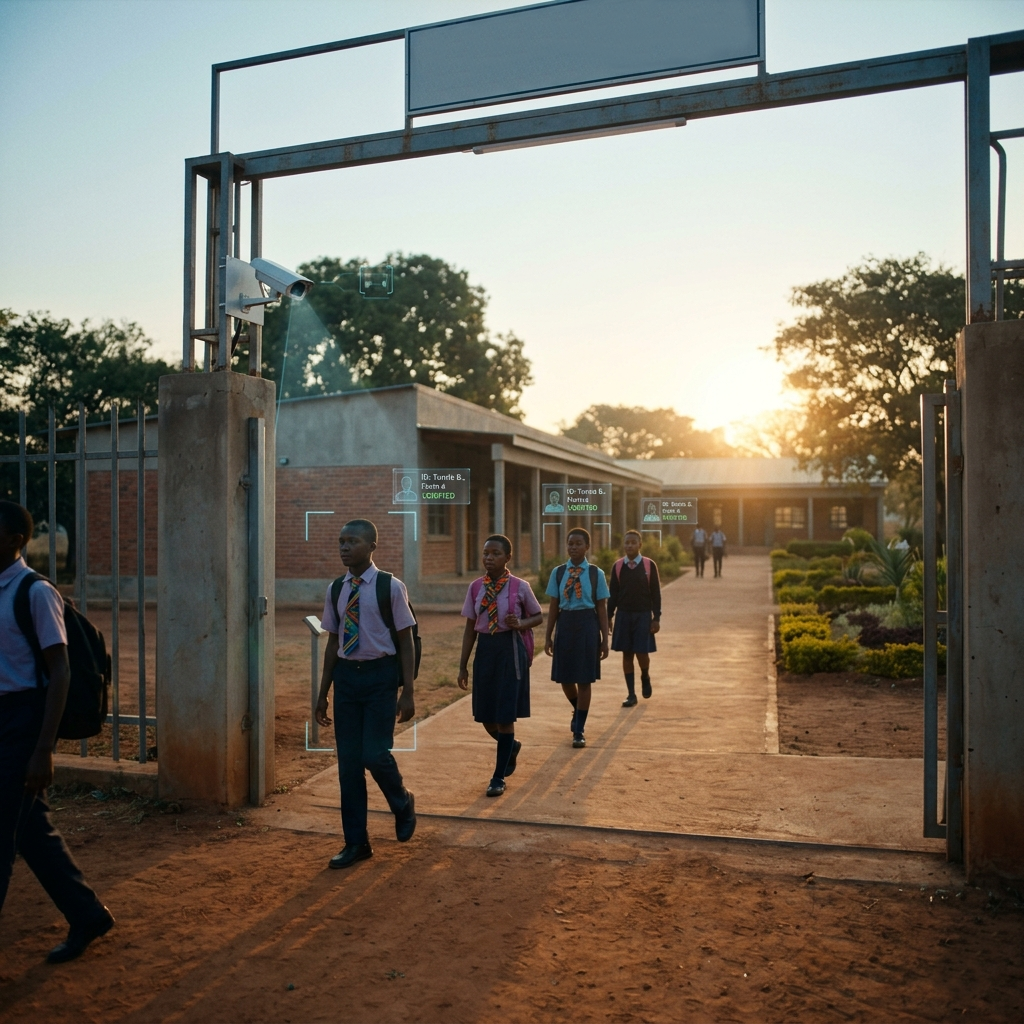 Students walking through a school gate as a camera on the post identifies them