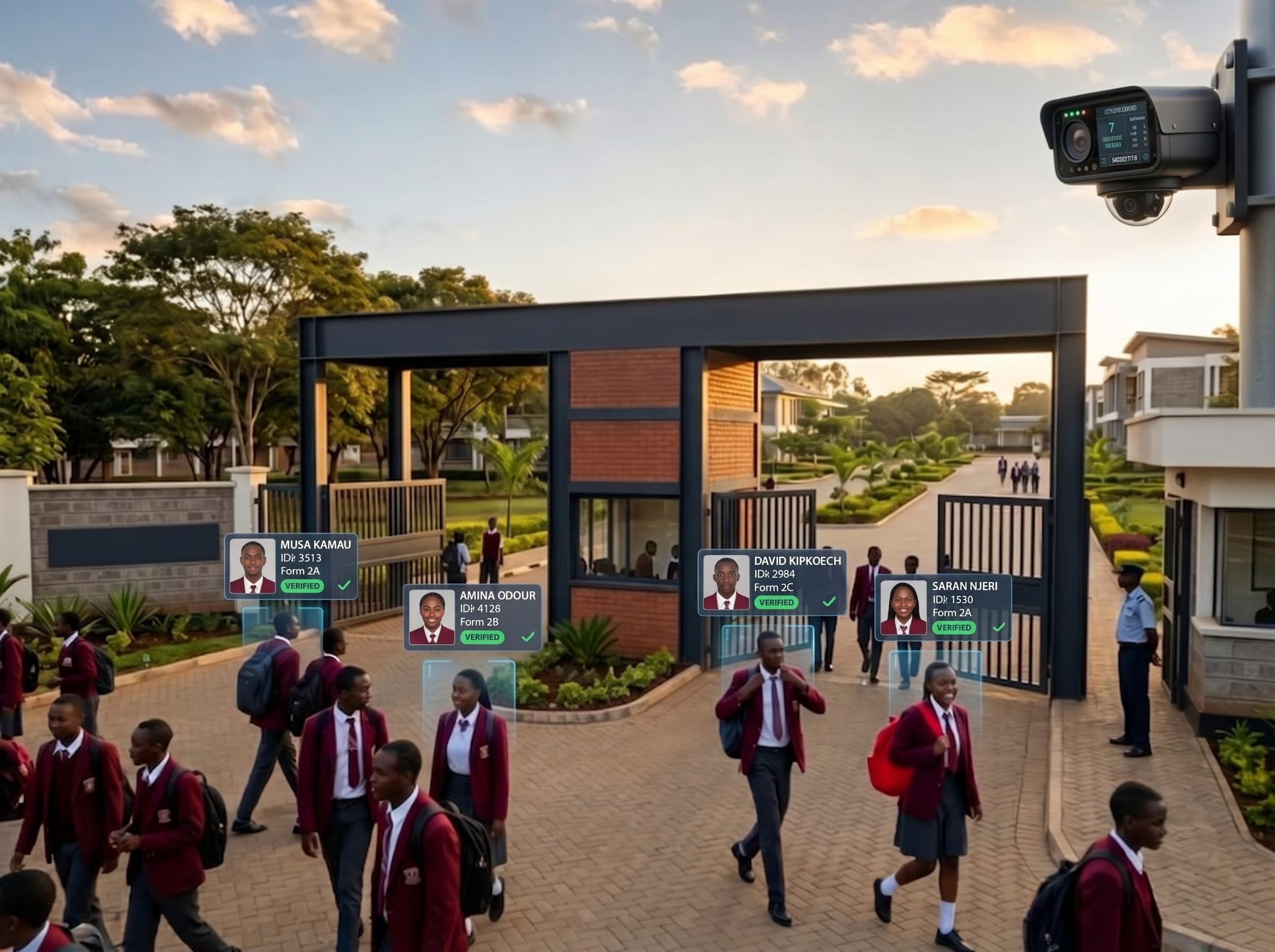 Illustration of pupils arriving at a school gate, each recognised face labelled on screen